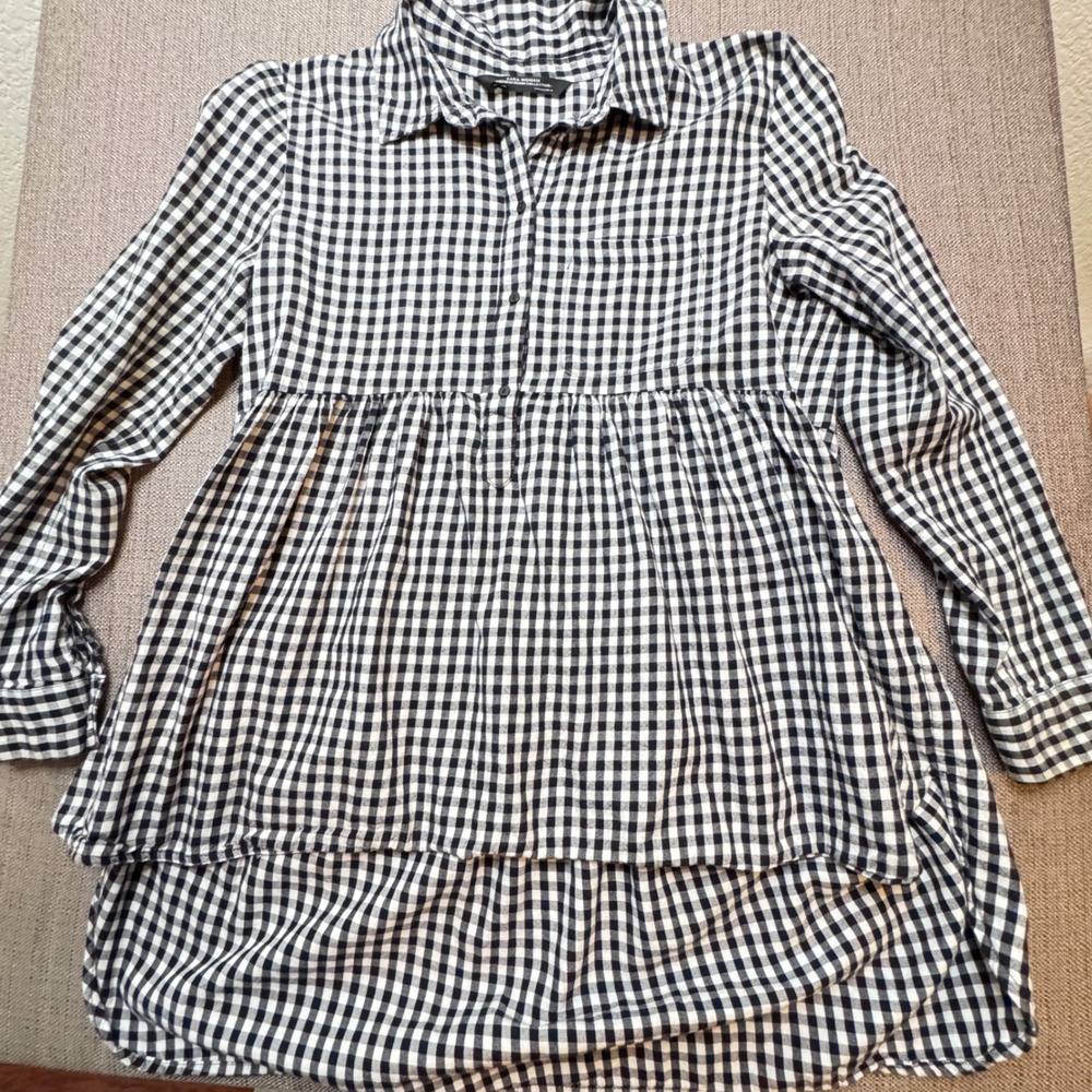 Zara Woman Premium Denim Gingham Check Babydoll Tunic Top Black White M